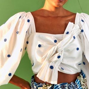 Farm Rio Blue Flowers Long Sleeve Crop Top